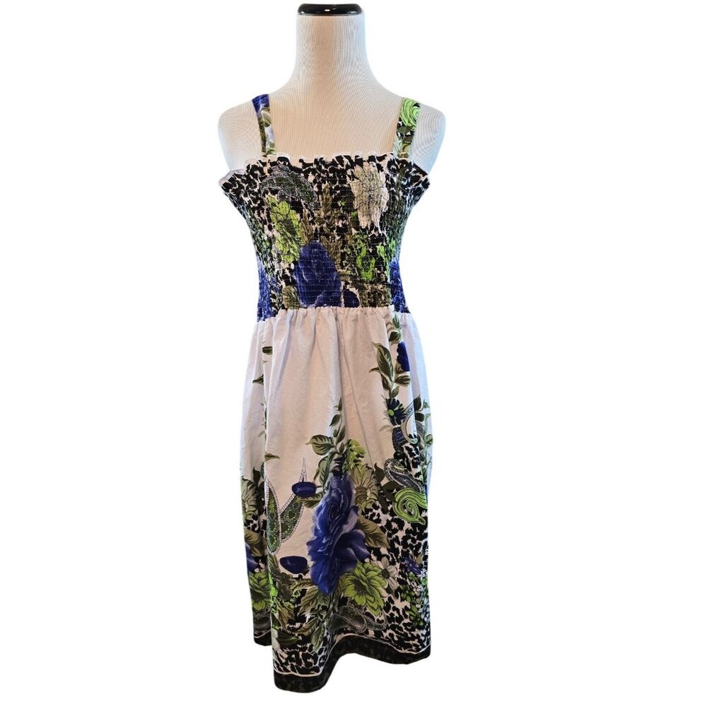 Floral Smocked‎ Sundress Size M Blue Rose Print Pockets Cotton Summer Dress